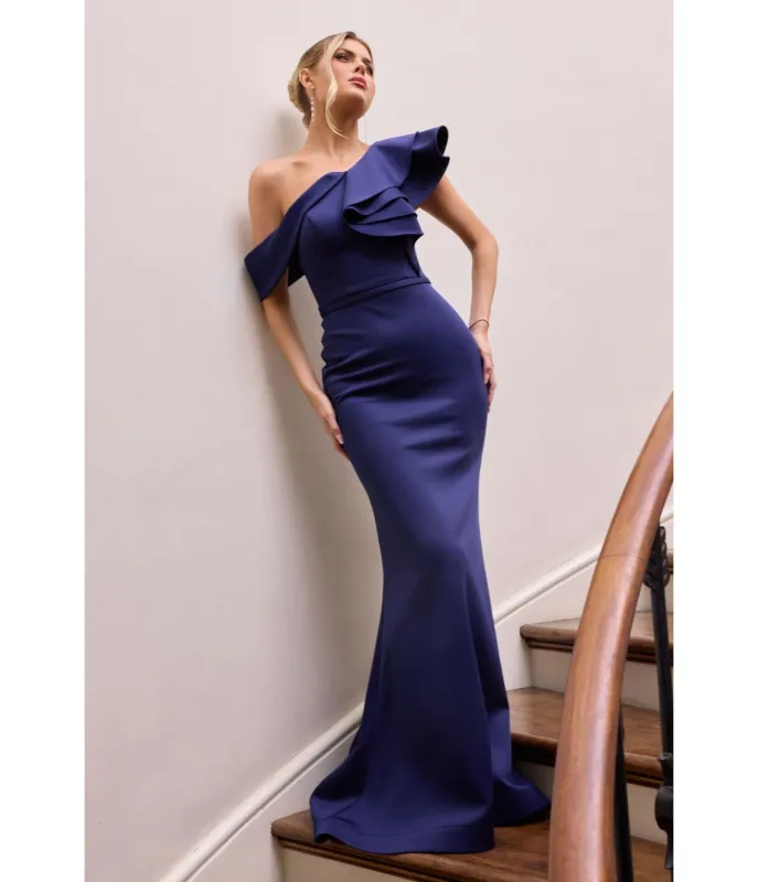 LaDivine by Cinderella Divine Navy Ruffled Neckline Fitted Scuba Neoprene Gown sold by Unique Vintage