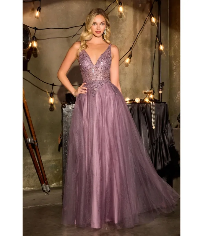LaDivine by Cinderella Divine English Violet Deep V-Neck Structured Beaded Bodice Evening Gown sold by Unique Vintage