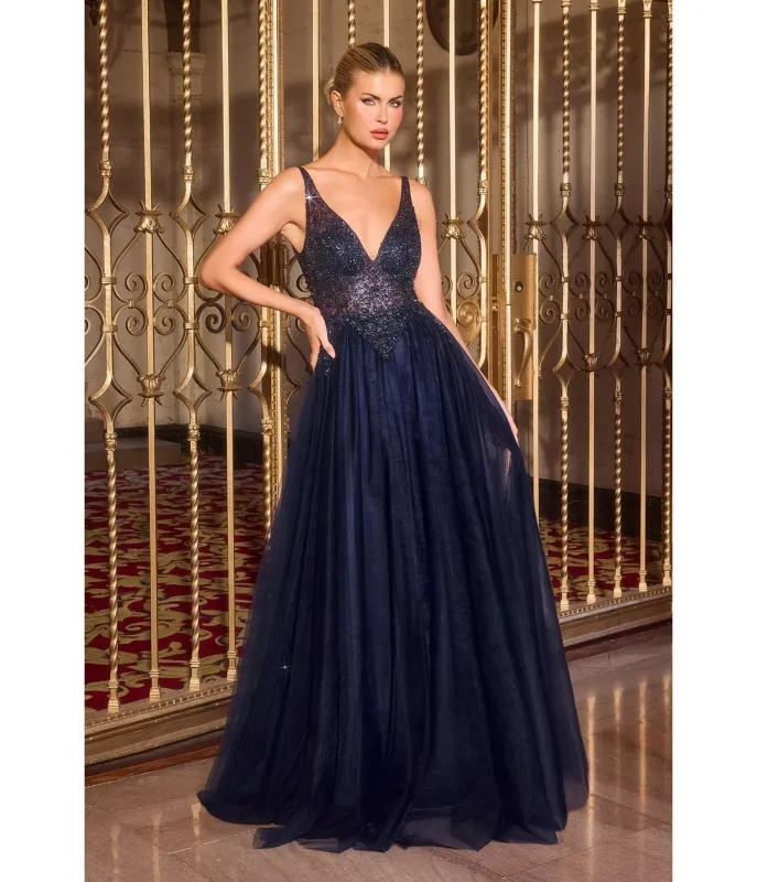LaDivine by Cinderella Divine Navy Deep V-Neck Structured Beaded Bodice Evening Gown sold by Unique Vintage