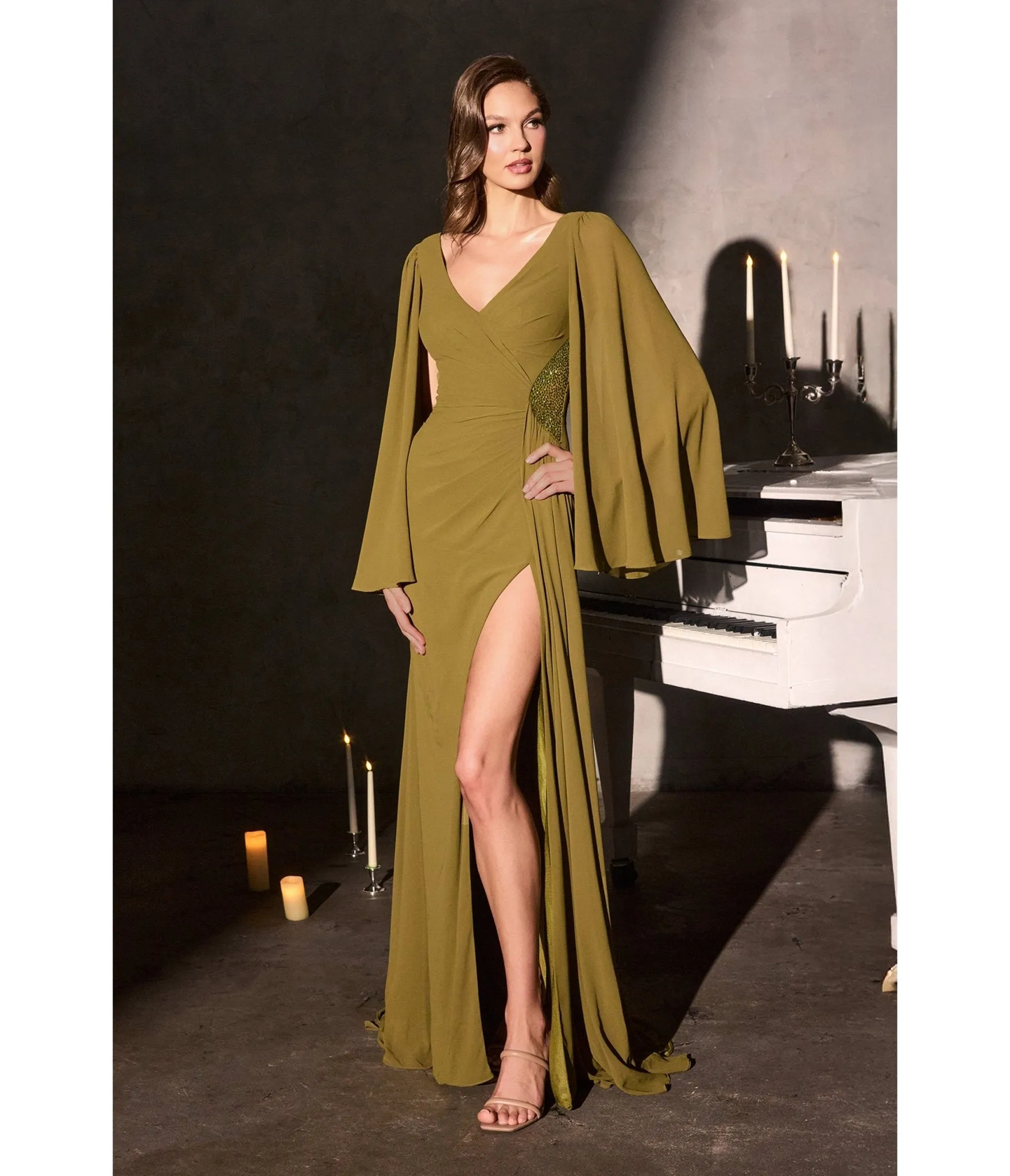 LaDivine by Cinderella Divine Olive Draped Neckline Beaded Side Panels Evening Gown sold by Unique Vintage