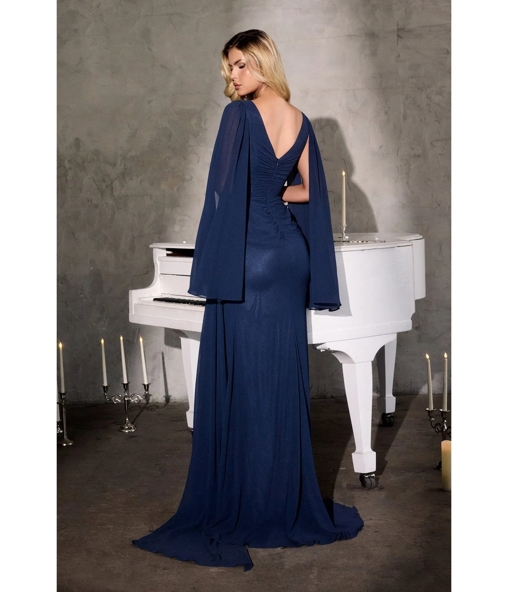 LaDivine by Cinderella Divine Navy Draped Neckline Beaded Side Panels Evening Gown sold by Unique Vintage product image thumbnail 2