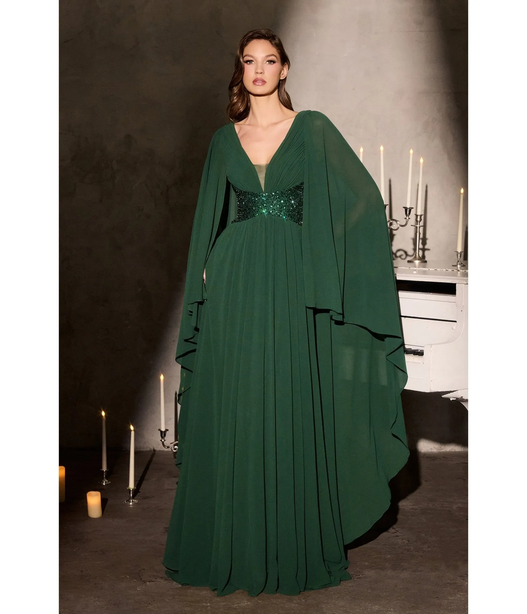 LaDivine by Cinderella Divine Emerald V-Neck Cape Sleeve Beaded Waist Gown sold by Unique Vintage