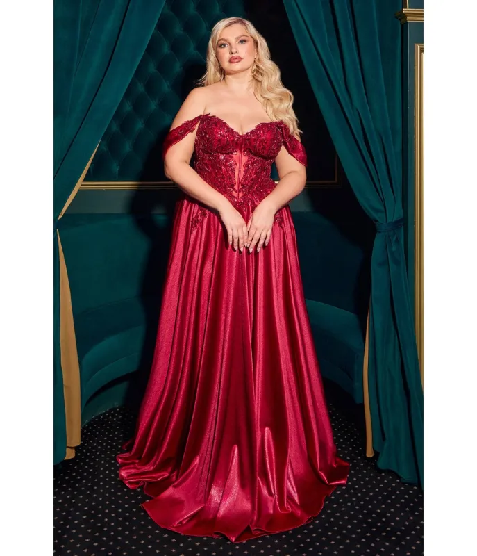 LaDivine by Cinderella Divine Burgundy Convertible Strapless Beaded Lace Appliqués Gown made by Unique Vintage