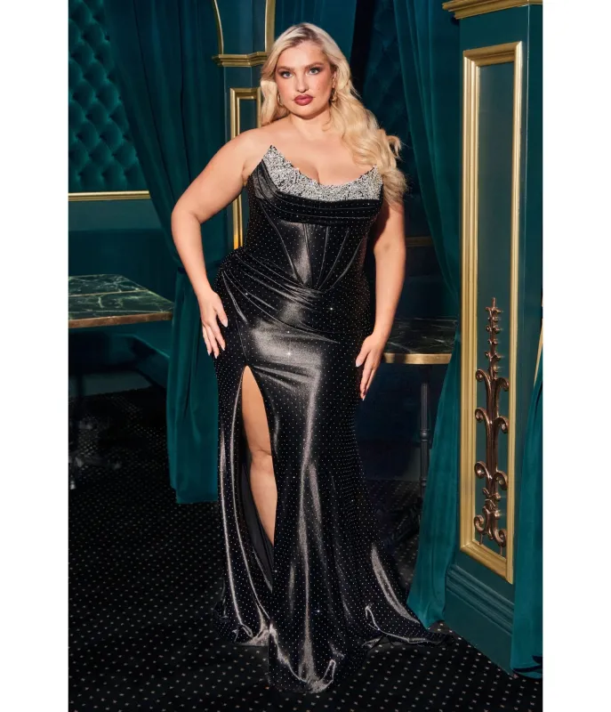 LaDivine by Cinderella Divine Black Convertible Strapless Beaded Lace Appliqués Gown sold by Unique Vintage