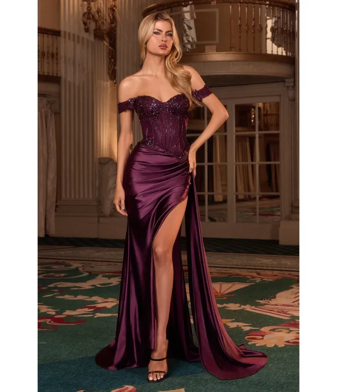 LaDivine by Cinderella Divine Elegant Eggplant Off-the-Shoulder Sweetheart Neck Evening Gown sold by Unique Vintage