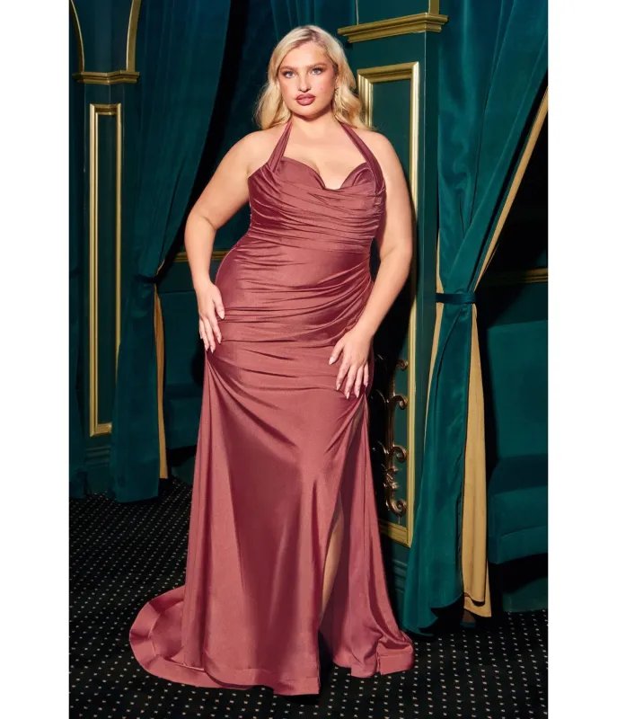 LaDivine by Cinderella Divine Sienna Rose Plus Halter Sweetheart Neck Dress with Leg Slit sold by Unique Vintage