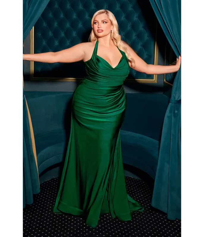 LaDivine by Cinderella Divine Emerald Plus Halter Sweetheart Neck Dress with Leg Slit sold by Unique Vintage