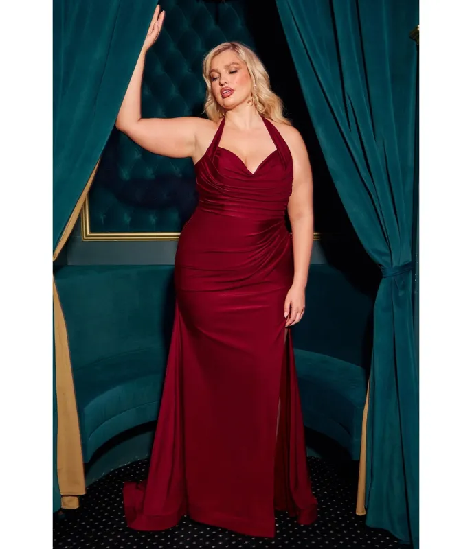LaDivine by Cinderella Divine Burgundy Plus Halter Sweetheart Neck Dress with Leg Slit sold by Unique Vintage