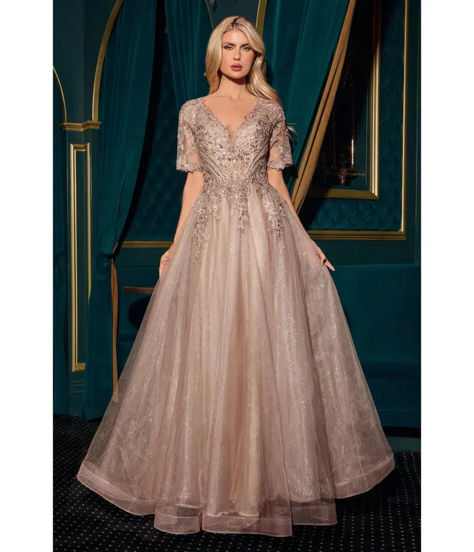 LaDivine by Cinderella Divine Mocha Sophisticated Lace Bodice V-Neck Evening Gown sold by Unique Vintage