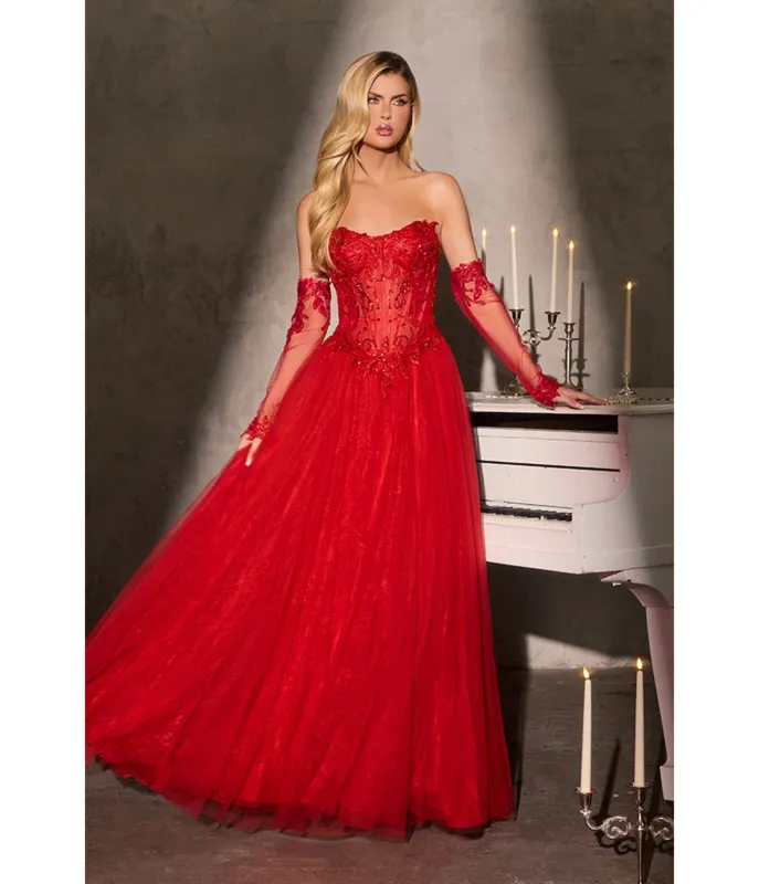 LaDivine by Cinderella Divine Red Strapless Illusion Corset Gown with Beaded Gloves sold by Unique Vintage