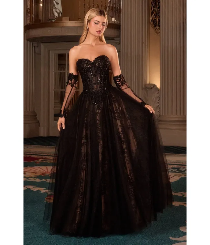 LaDivine by Cinderella Divine Black Strapless Illusion Corset Gown with Beaded Gloves sold by Unique Vintage