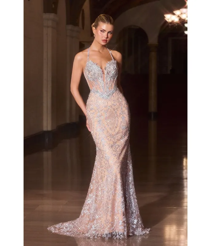 LaDivine by Cinderella Divine Silver Nude Crystal & Sequin Halter Neck Mermaid Evening Gown sold by Unique Vintage