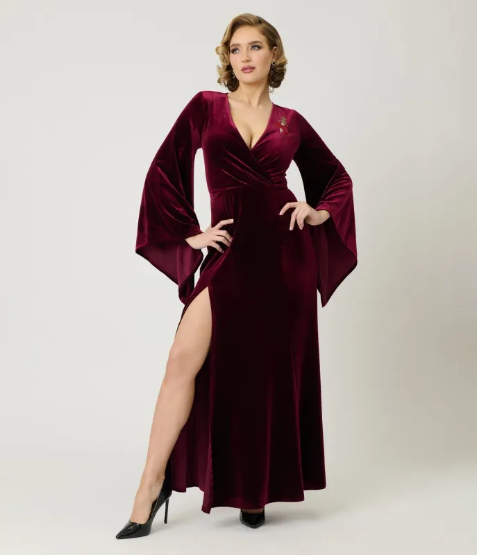 Elvira x Unique Vintage Burgundy Dagger Velvet Maxi Dress made by Unique Vintage