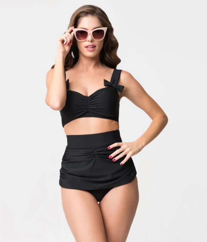 Retro Style Black Gathered High Waist Skirted Swim Bottoms sold by Unique Vintage