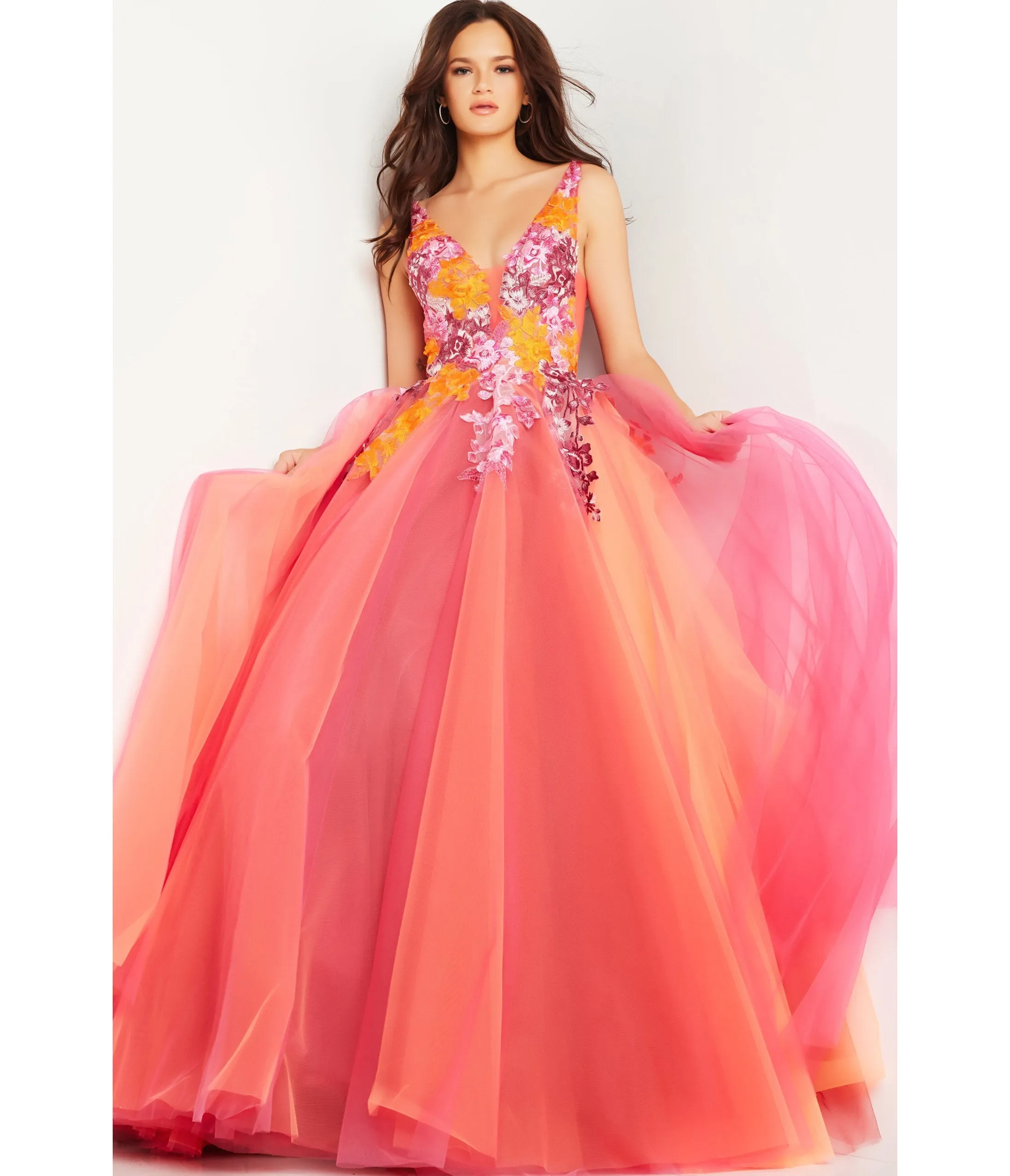Jovani Sunset & Multicolor Floral Applique Tulle Ballgown sold by Unique Vintage product image thumbnail 3