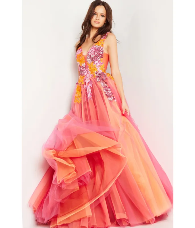 Jovani Sunset & Multicolor Floral Applique Tulle Ballgown sold by Unique Vintage