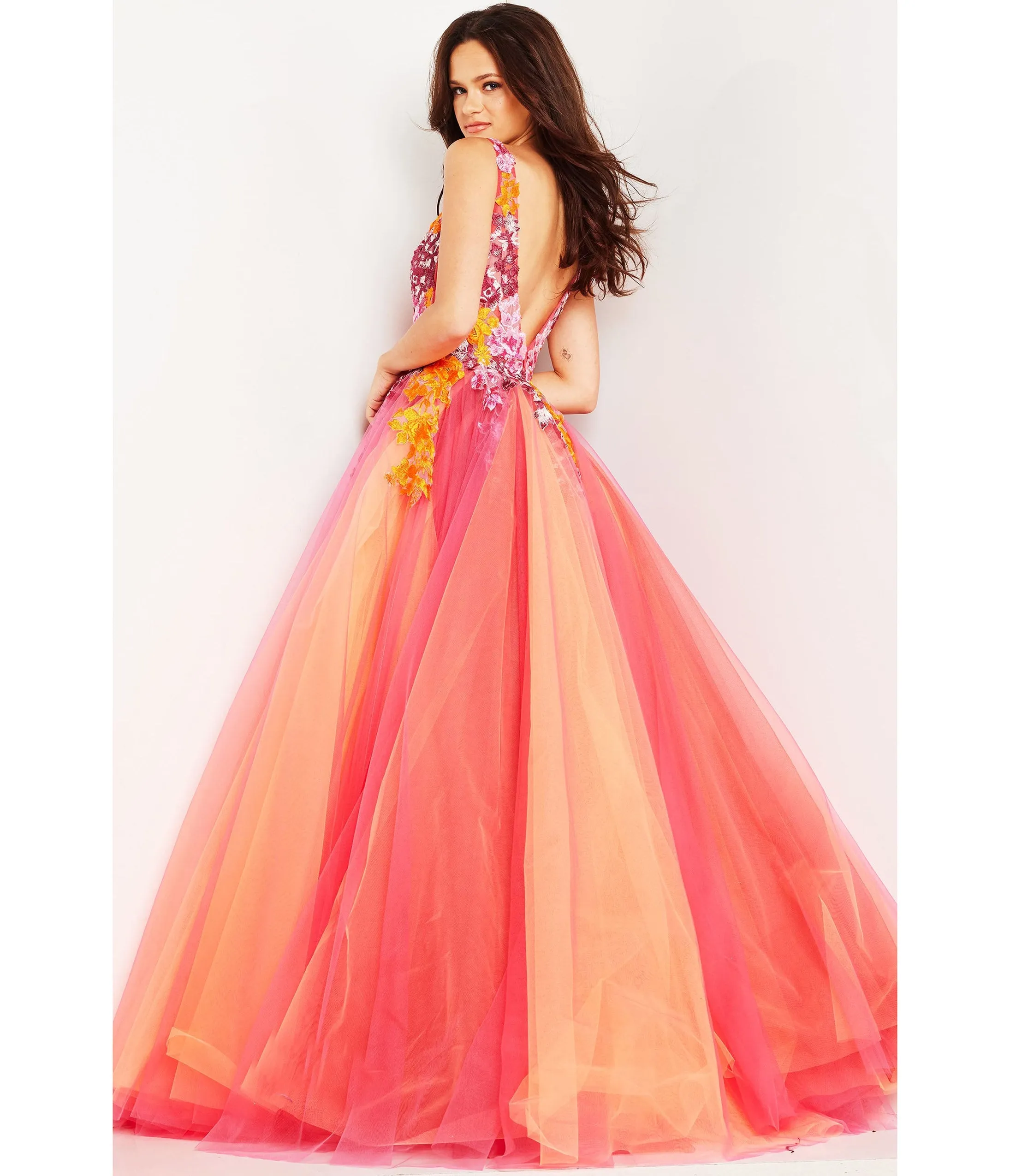 Jovani Sunset & Multicolor Floral Applique Tulle Ballgown sold by Unique Vintage product image thumbnail 2
