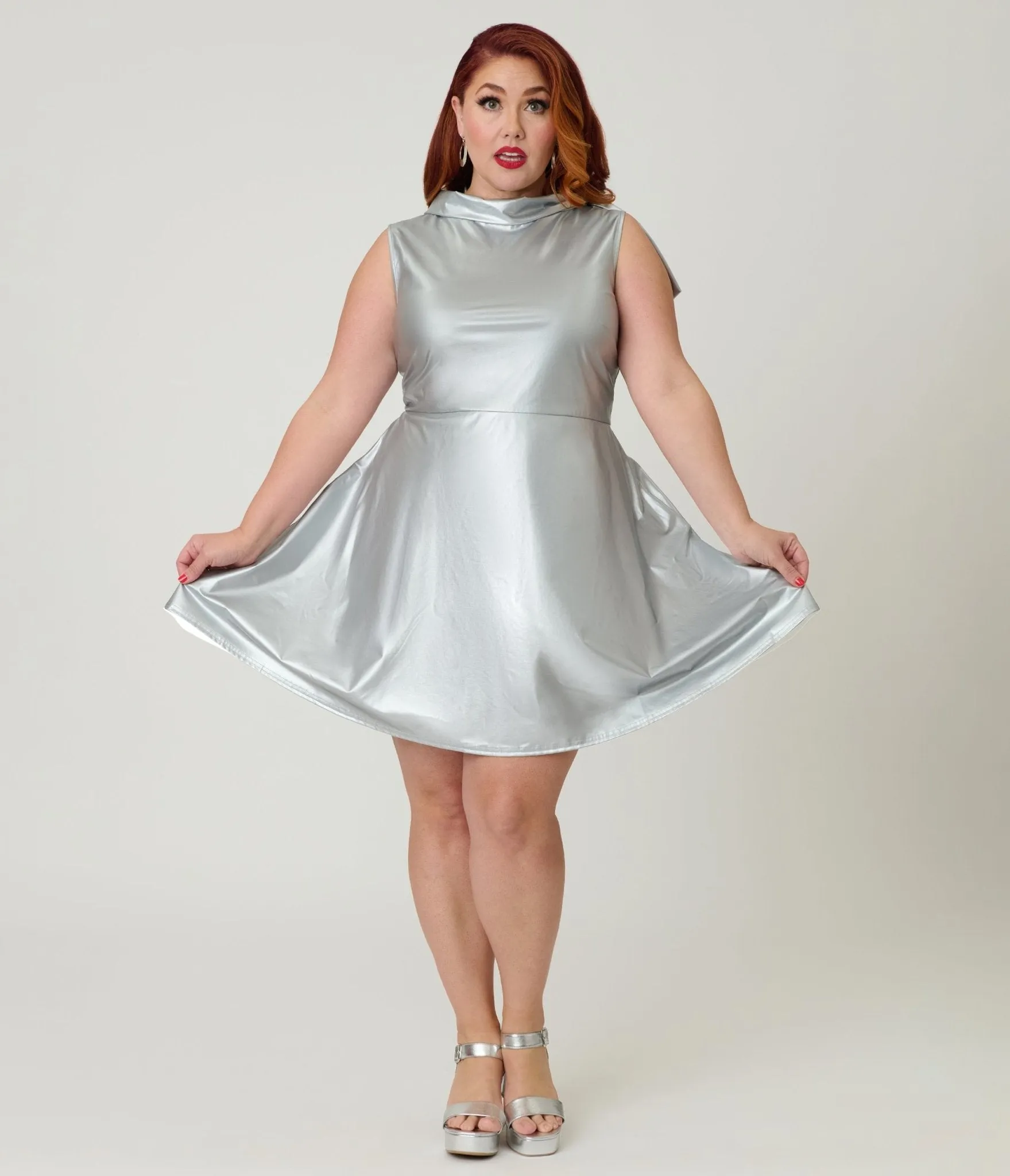 Smak Parlour Plus Size Silver Mock Turtleneck Fit & Flare Dress sold by Unique Vintage