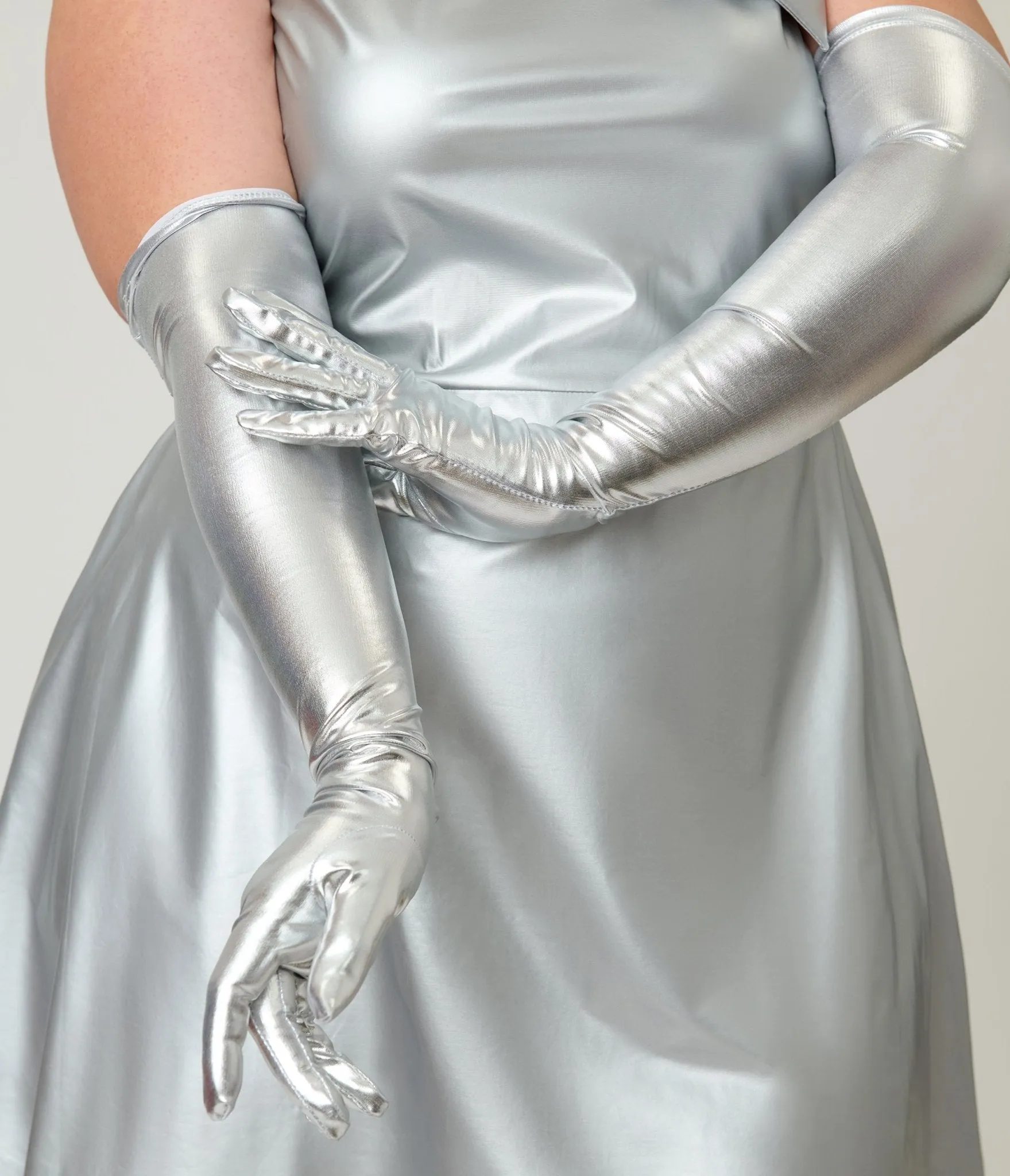 Metallic Silver Elbow Length Gloves sold by Unique Vintage