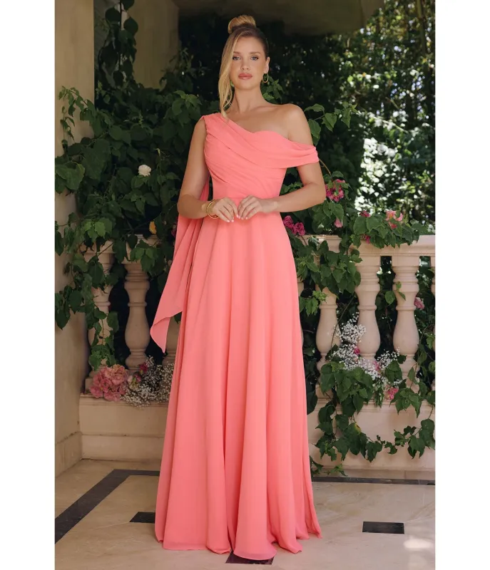 LaDivine by Cinderella Divine Soft Coral Draped Neck Mother-of-the-Bride Gown with Cape Sleeve sold by Unique Vintage