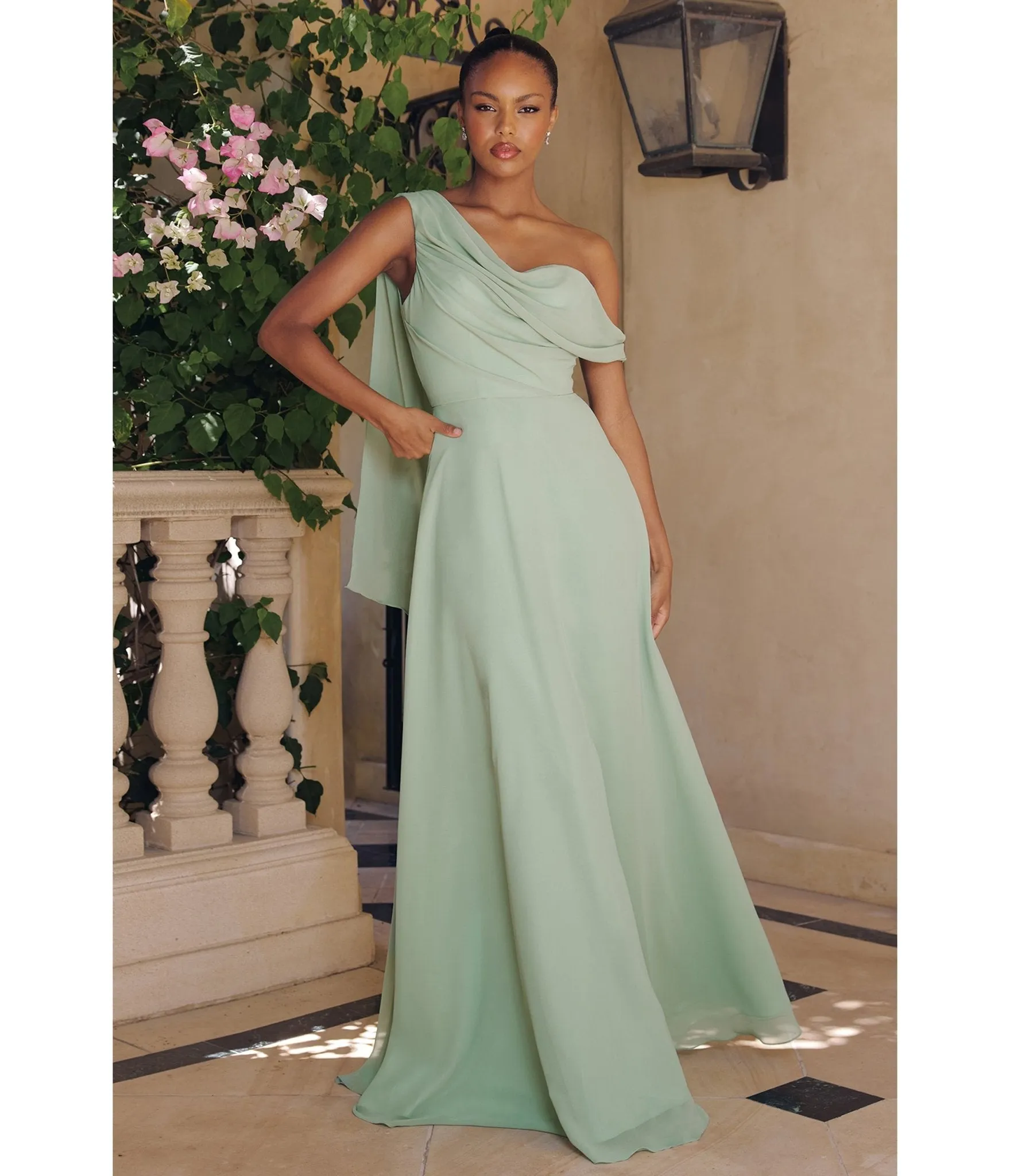 LaDivine by Cinderella Divine Sage Draped Neck Mother-of-the-Bride Gown with Cape Sleeve sold by Unique Vintage