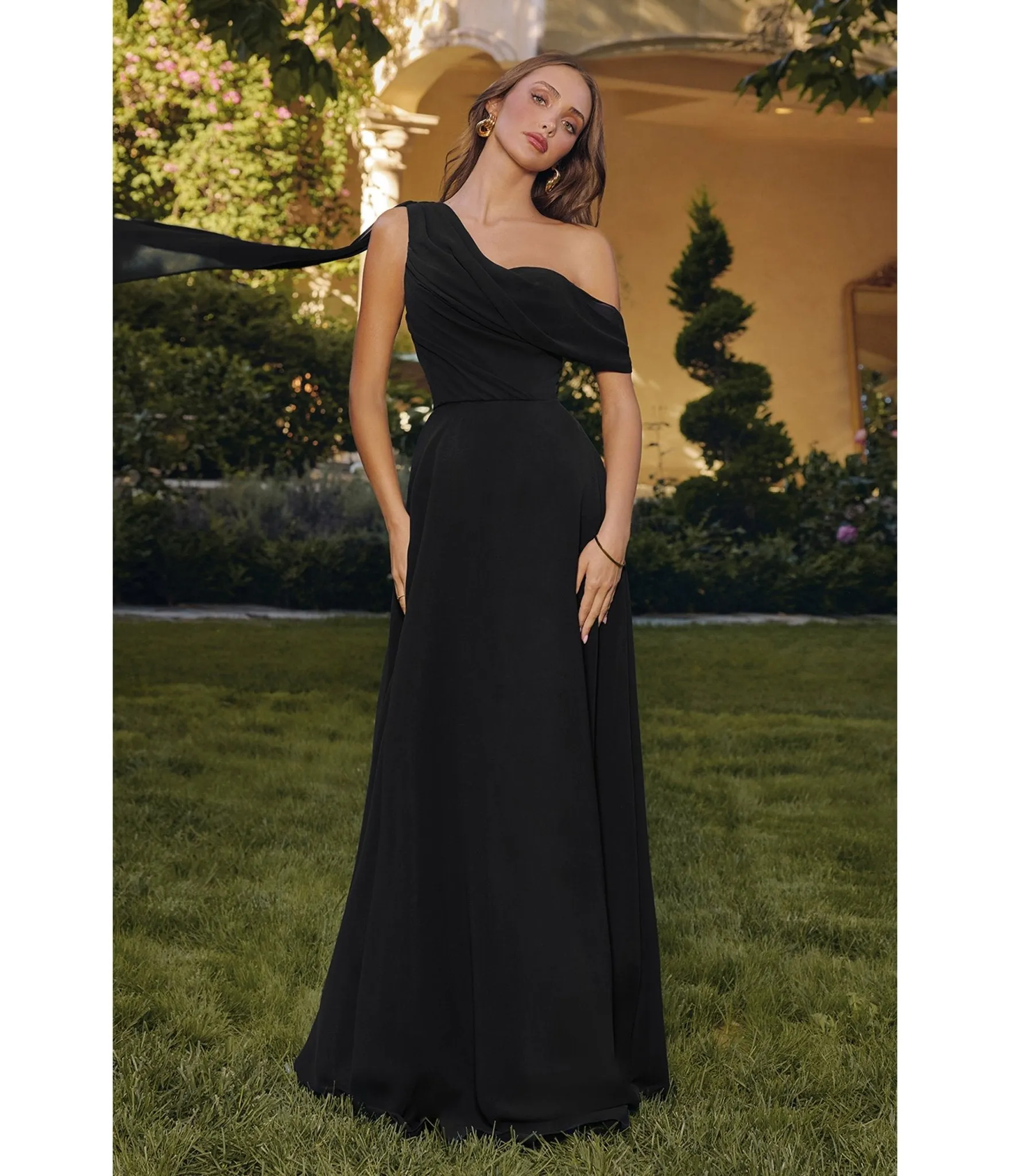 LaDivine by Cinderella Divine Black Draped Neck Mother-of-the-Bride Gown with Cape Sleeve sold by Unique Vintage