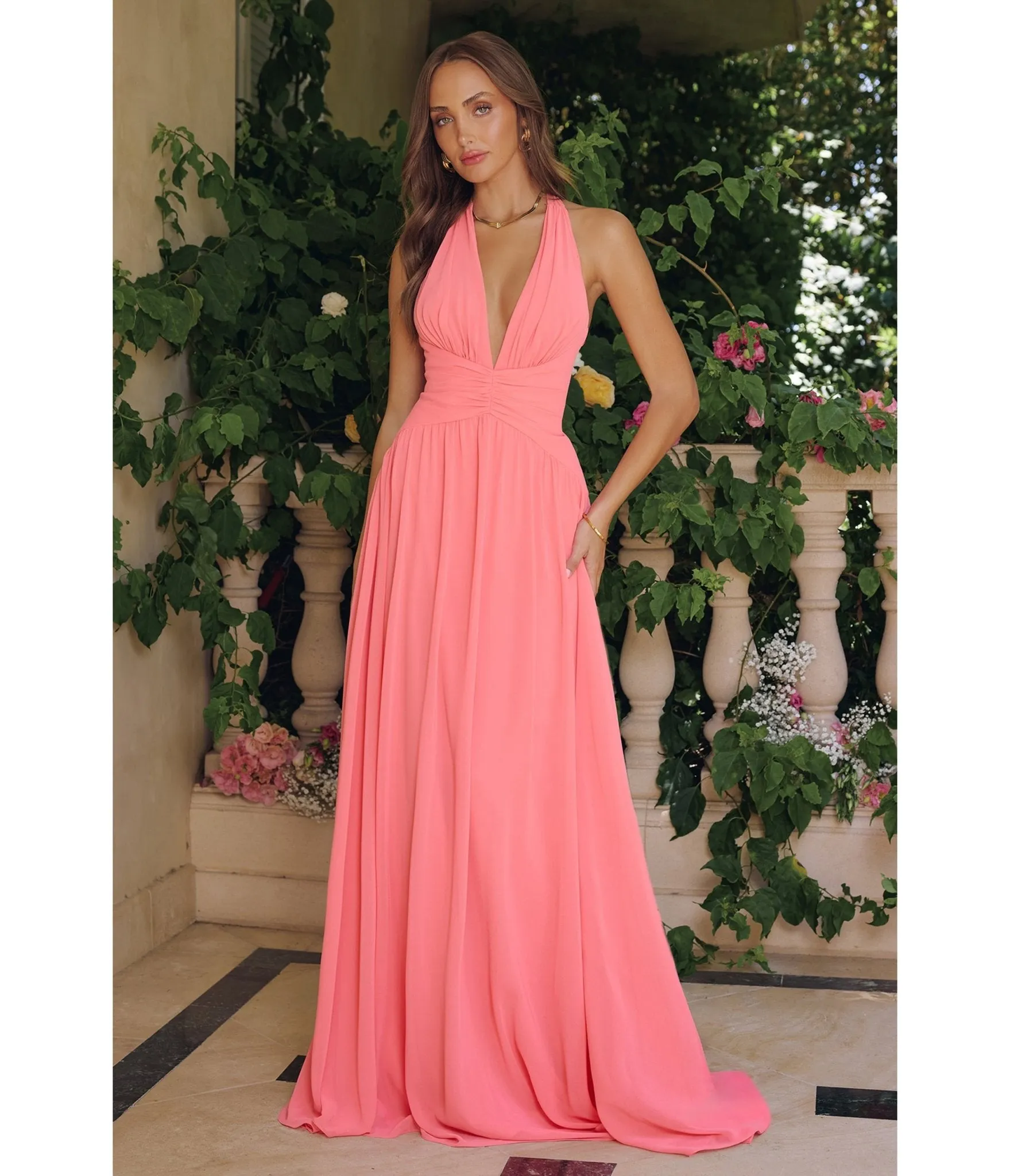 LaDivine by Cinderella Divine Soft Coral Halter Neck Ruched Waist Gown for Prom & Weddings sold by Unique Vintage