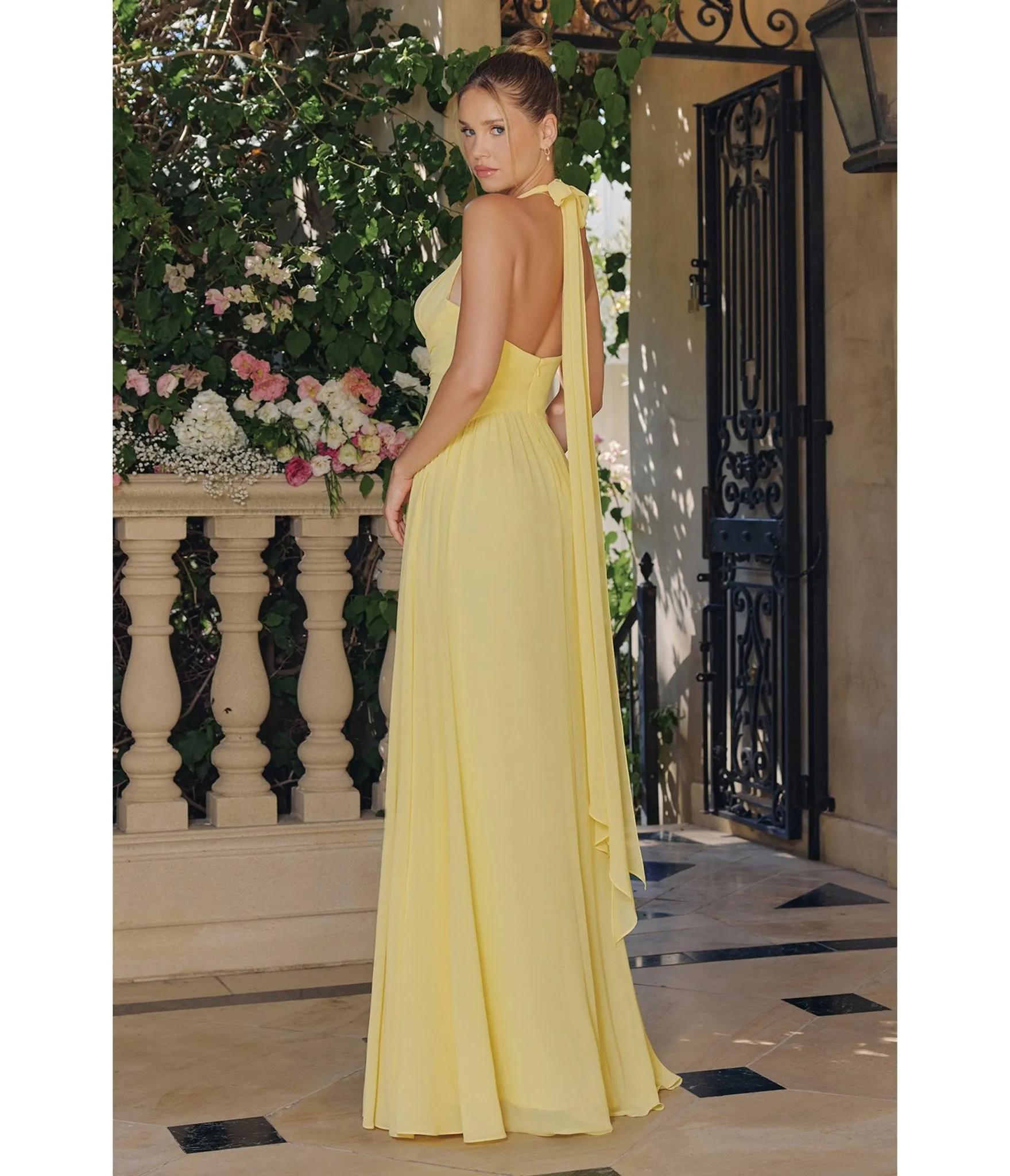 LaDivine by Cinderella Divine Light Yellow Halter Neck Ruched Waist Gown for Prom & Weddings sold by Unique Vintage product image thumbnail 2