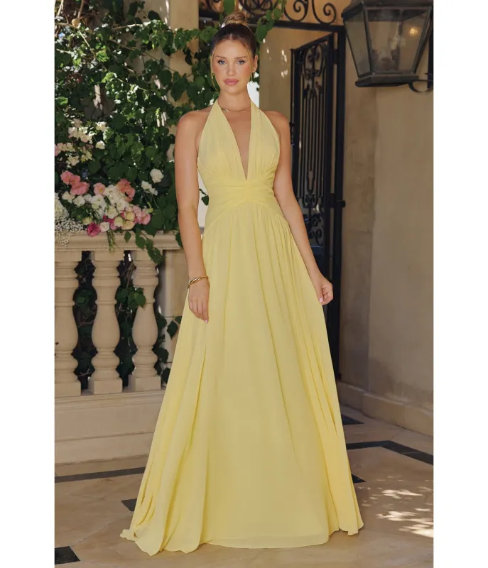 LaDivine by Cinderella Divine Light Yellow Halter Neck Ruched Waist Gown for Prom & Weddings sold by Unique Vintage