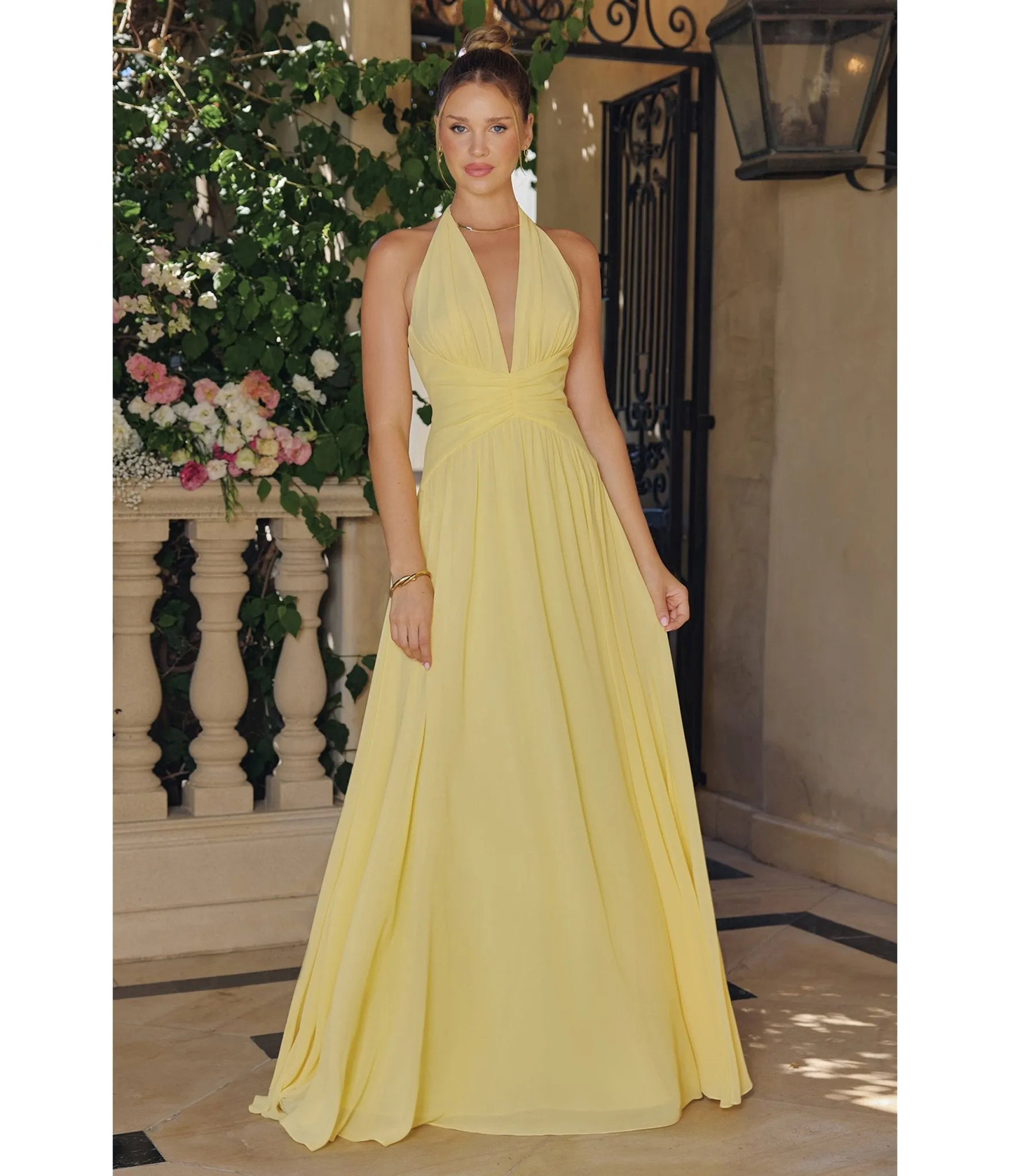 LaDivine by Cinderella Divine Light Yellow Halter Neck Ruched Waist Gown for Prom & Weddings sold by Unique Vintage