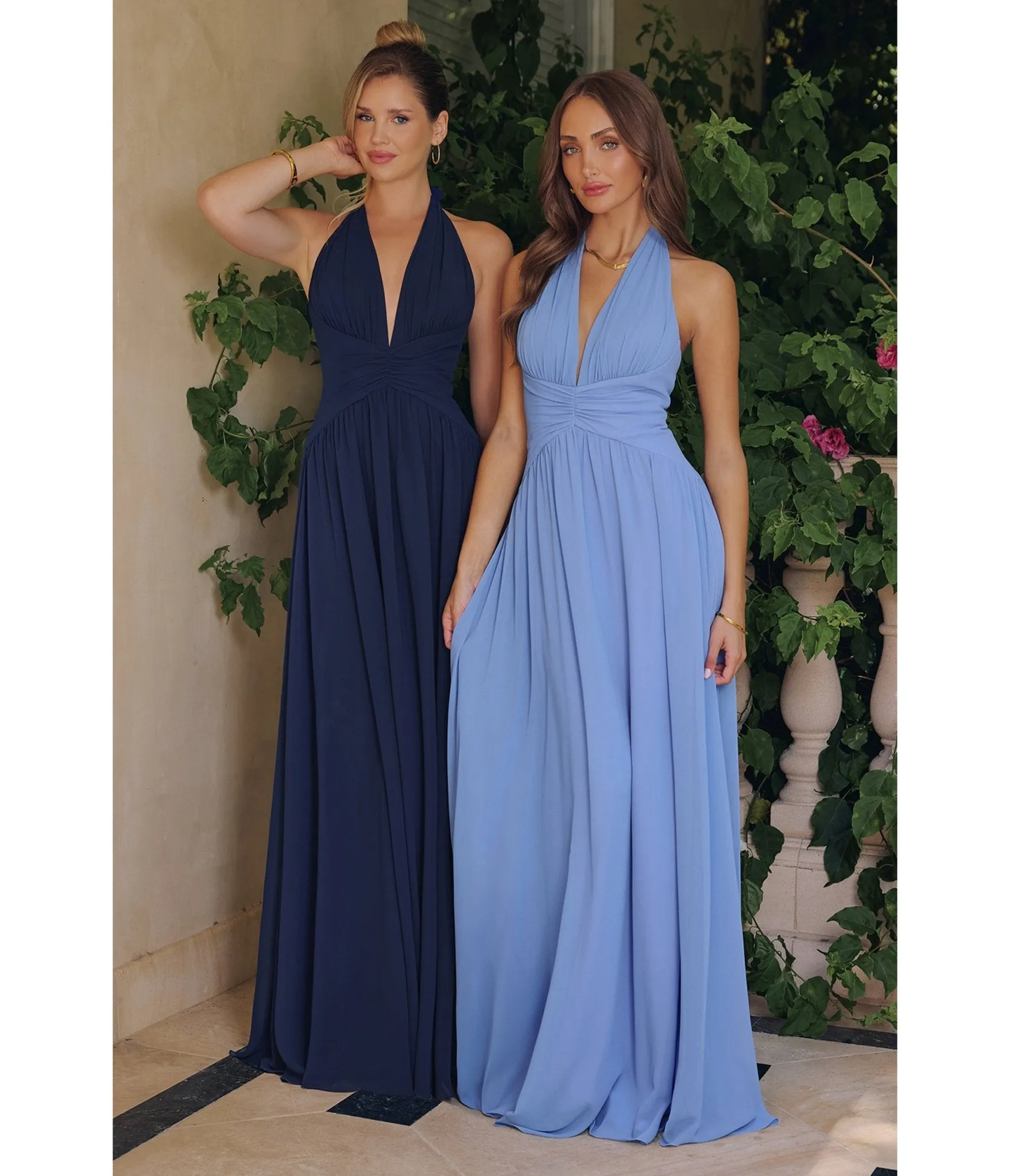 LaDivine by Cinderella Divine Cornflower Blue Halter Neck Ruched Waist Gown for Prom & Weddings sold by Unique Vintage