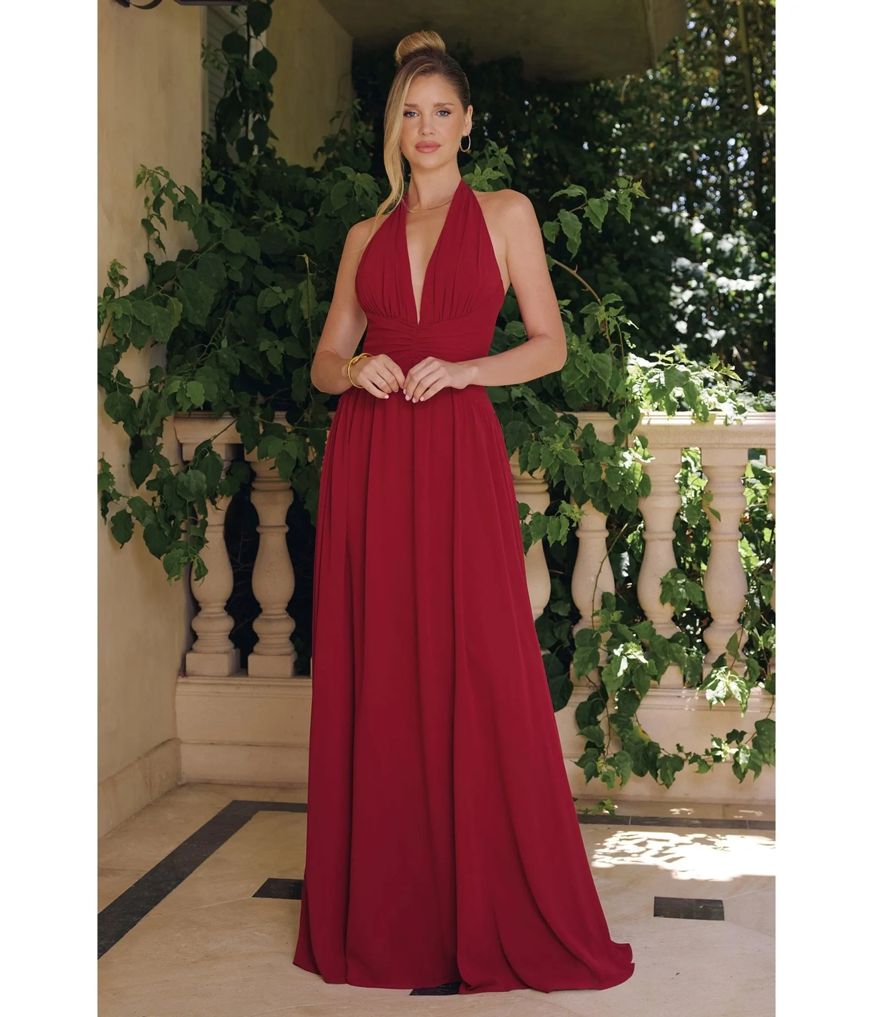 LaDivine by Cinderella Divine Burgundy Halter Neck Ruched Waist Gown for Prom & Weddings sold by Unique Vintage