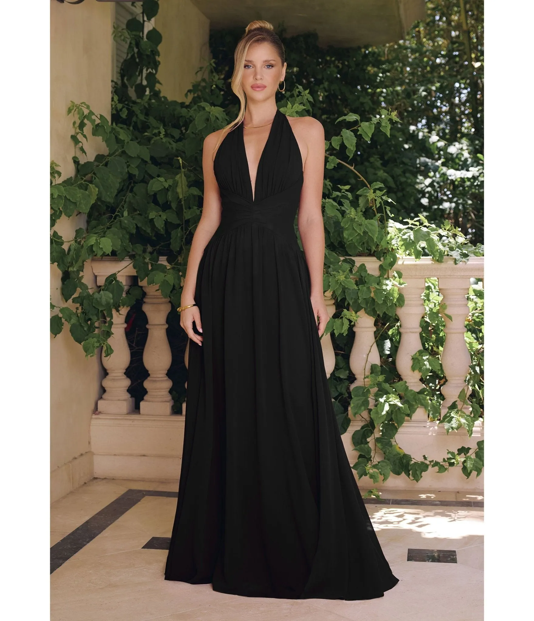 LaDivine by Cinderella Divine Black Halter Neck Ruched Waist Gown for Prom & Weddings sold by Unique Vintage