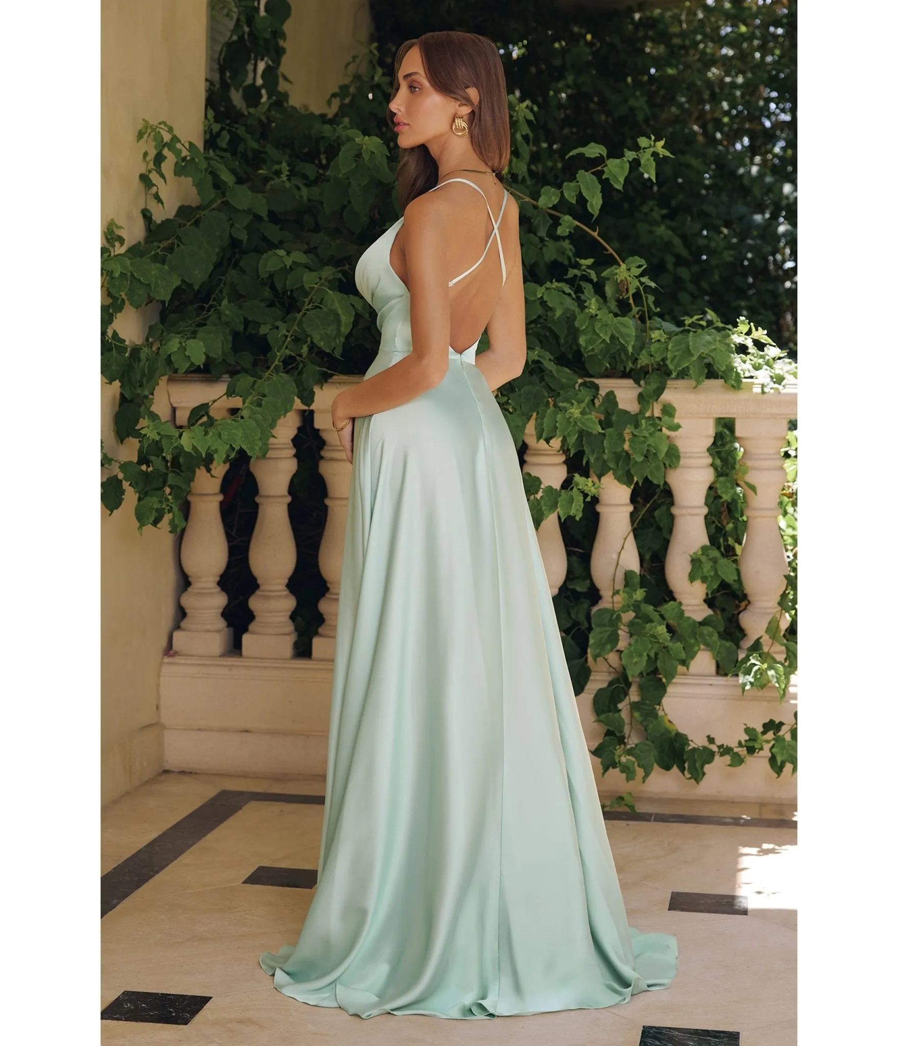 LaDivine by Cinderella Divine Soft Mint Draped Cowl Neck Bridesmaid Gown with Criss-Cross Back sold by Unique Vintage product image thumbnail 2