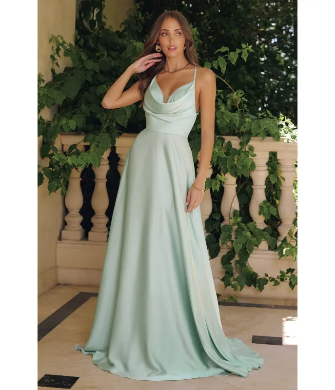 LaDivine by Cinderella Divine Soft Mint Draped Cowl Neck Bridesmaid Gown with Criss-Cross Back sold by Unique Vintage