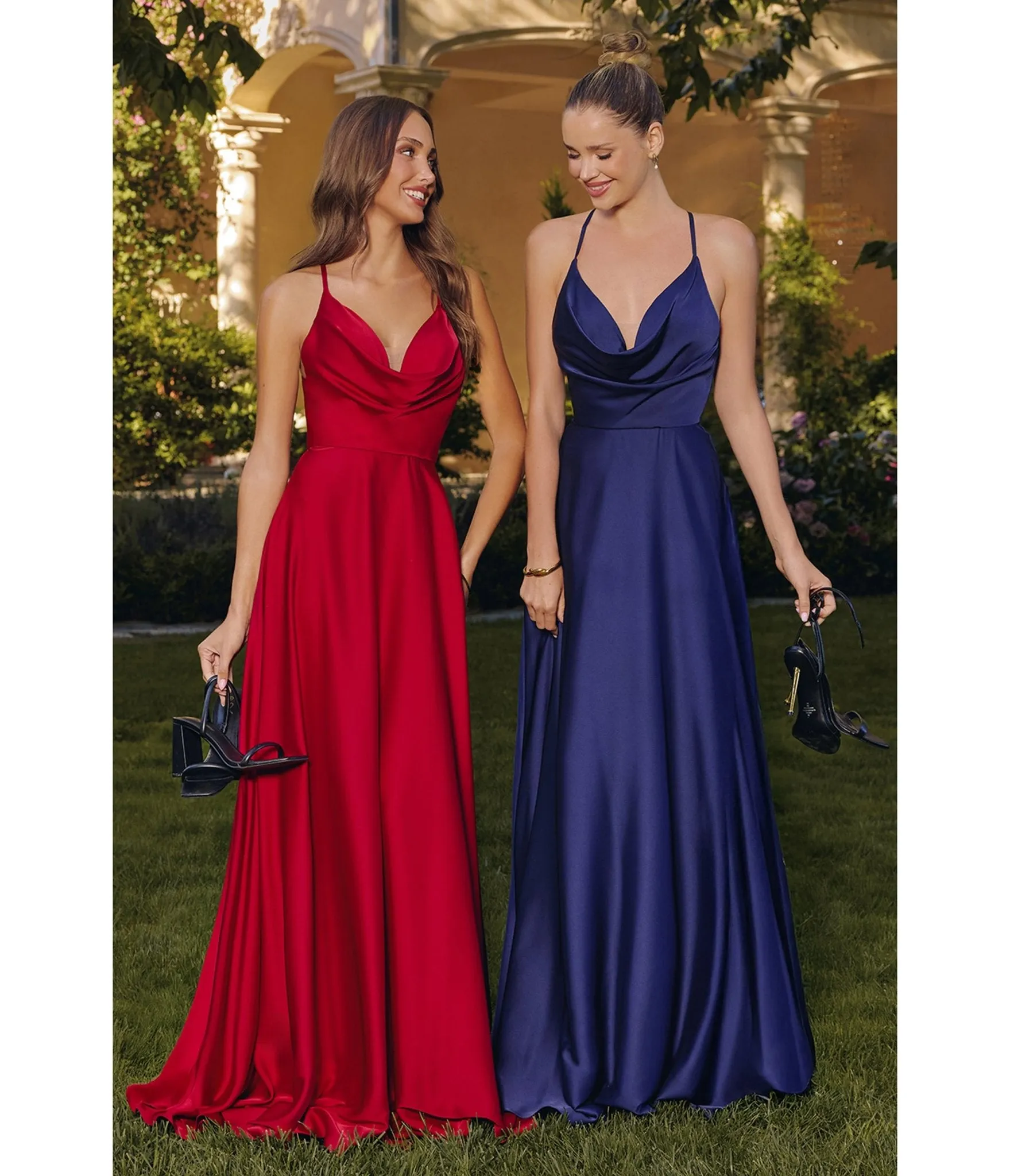 LaDivine by Cinderella Divine Red Draped Cowl Neck Bridesmaid Gown with Criss-Cross Back sold by Unique Vintage