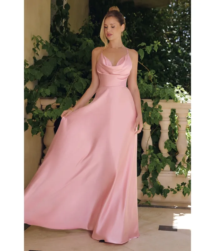 LaDivine by Cinderella Divine Dusty Rose Draped Cowl Neck Bridesmaid Gown with Criss-Cross Back sold by Unique Vintage