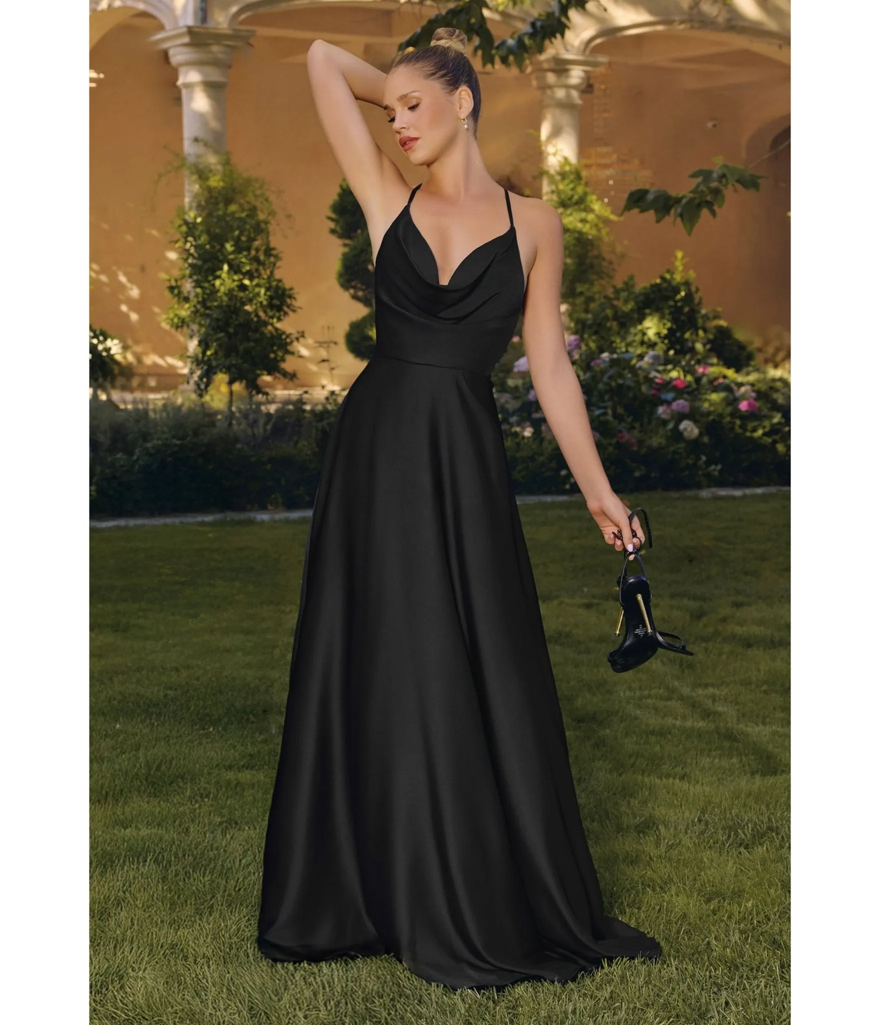 LaDivine by Cinderella Divine Black Draped Cowl Neck Bridesmaid Gown with Criss-Cross Back sold by Unique Vintage product image thumbnail 2