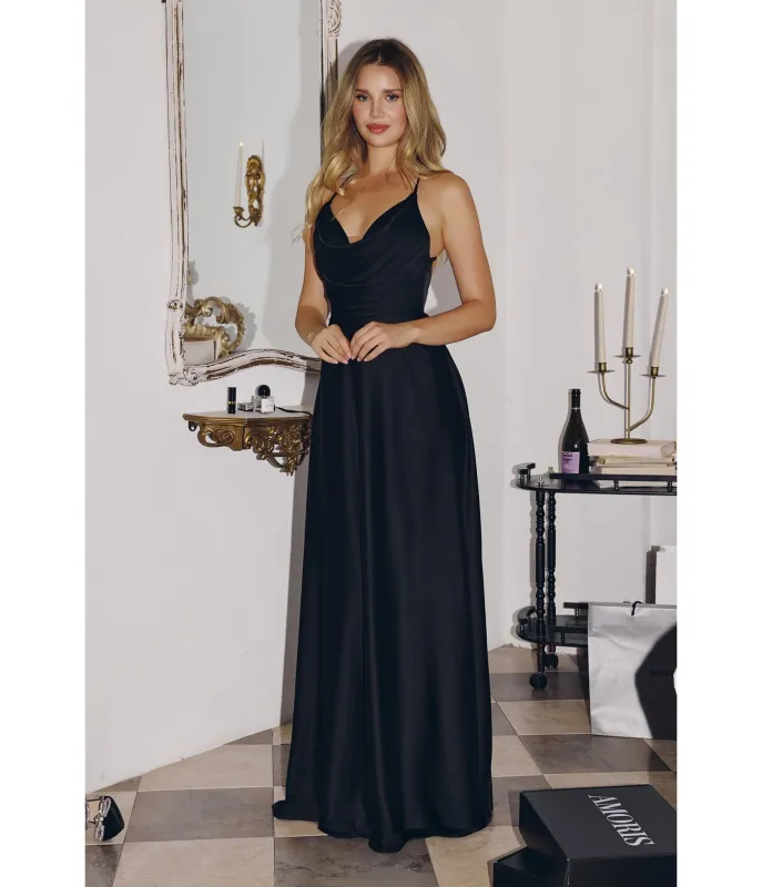 LaDivine by Cinderella Divine Black Draped Cowl Neck Bridesmaid Gown with Criss-Cross Back sold by Unique Vintage