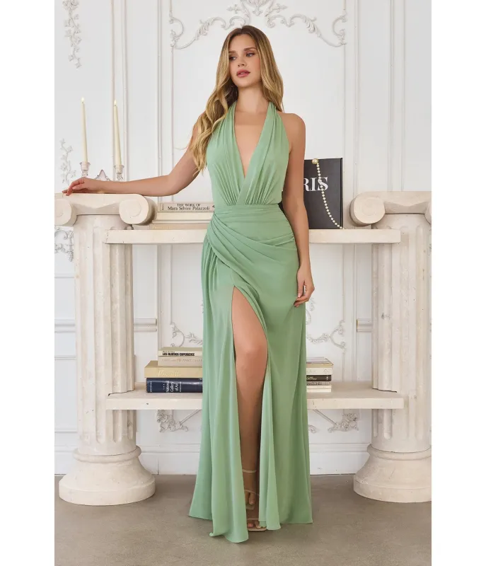 LaDivine by Cinderella Divine Sage Draped Halter Neck Gown with Tie Neck sold by Unique Vintage