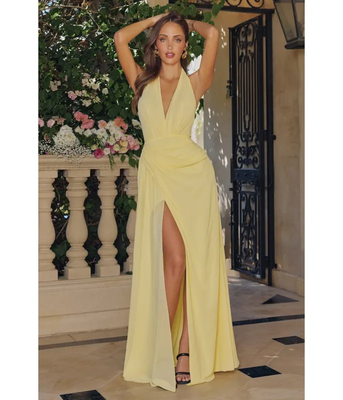 LaDivine by Cinderella Divine Pale Yellow Draped Halter Neck Gown with Tie Neck sold by Unique Vintage