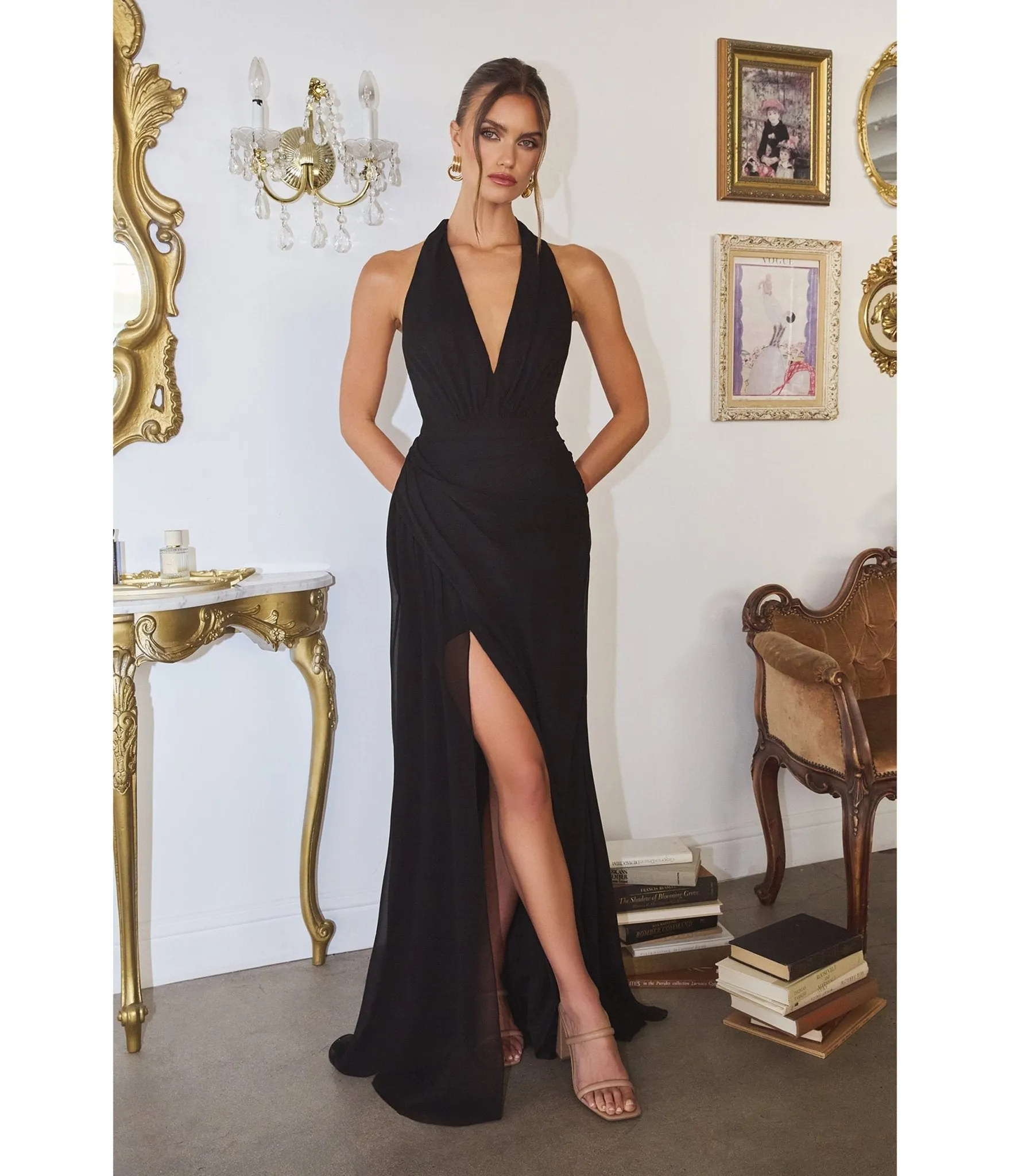 LaDivine by Cinderella Divine Black Draped Halter Neck Gown with Tie Neck sold by Unique Vintage