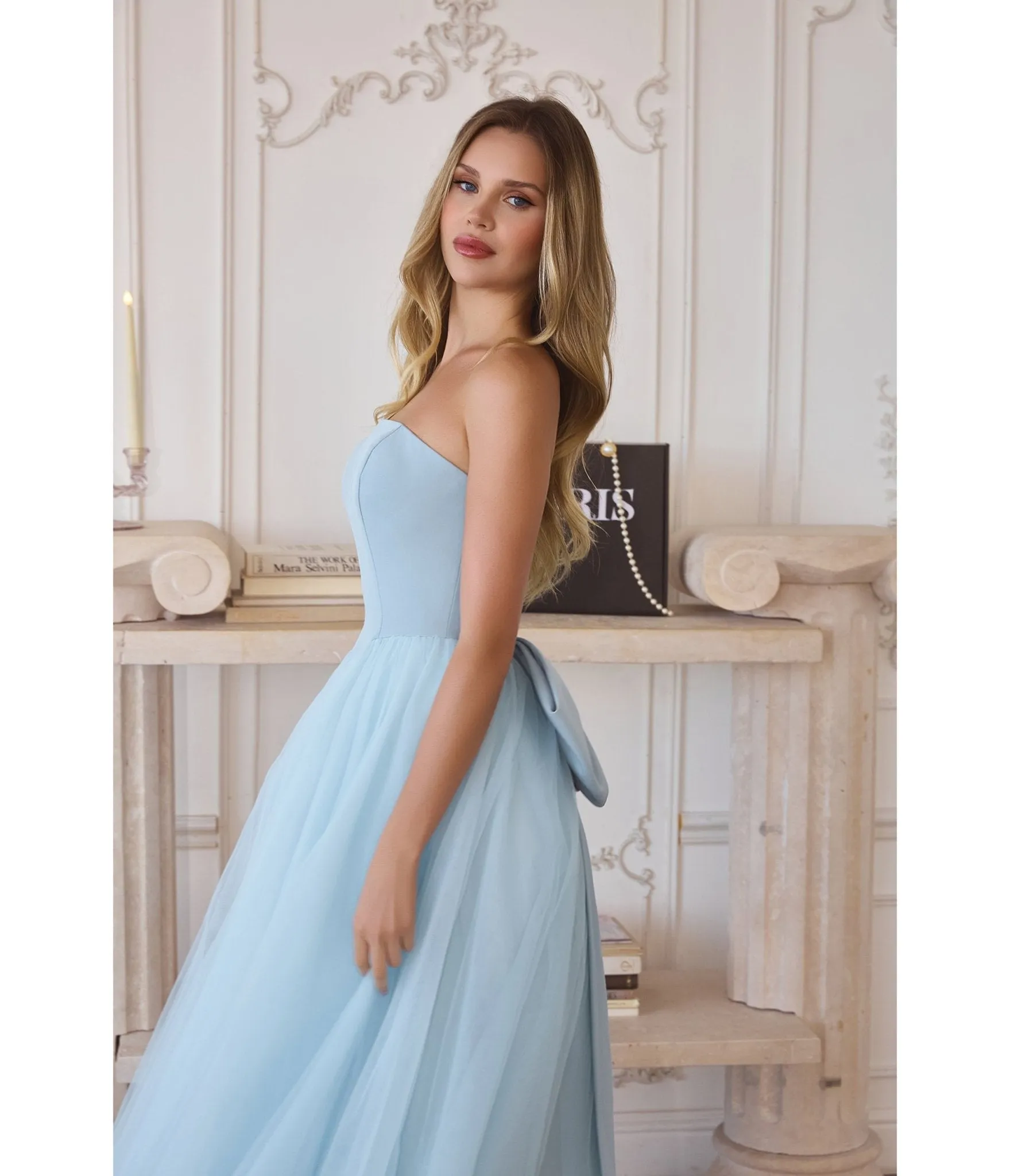 LaDivine by Cinderella Divine Light Blue Crepe Bodice Tulle Ball Gown with Statement Bow sold by Unique Vintage product image thumbnail 2