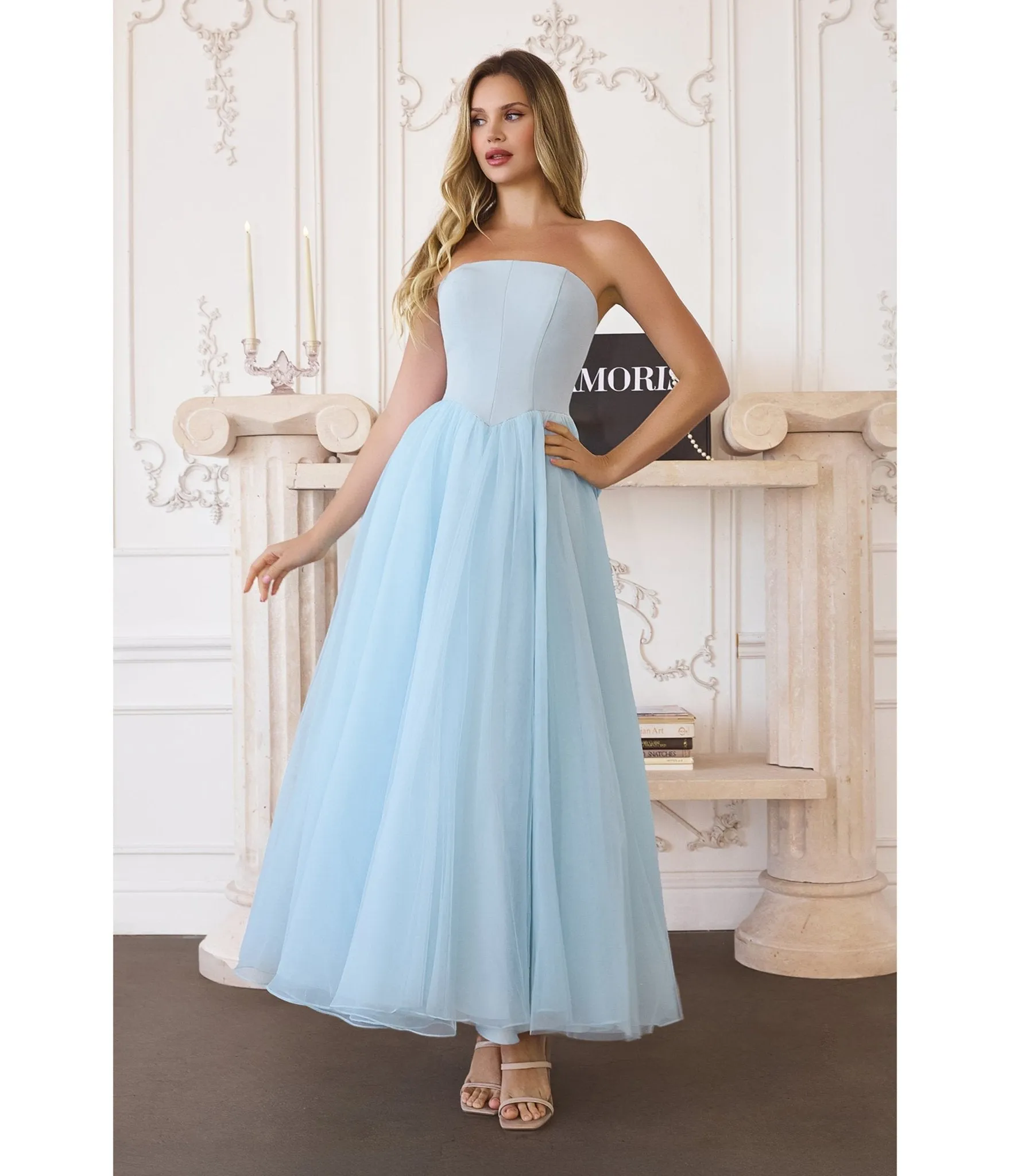 LaDivine by Cinderella Divine Light Blue Crepe Bodice Tulle Ball Gown with Statement Bow sold by Unique Vintage
