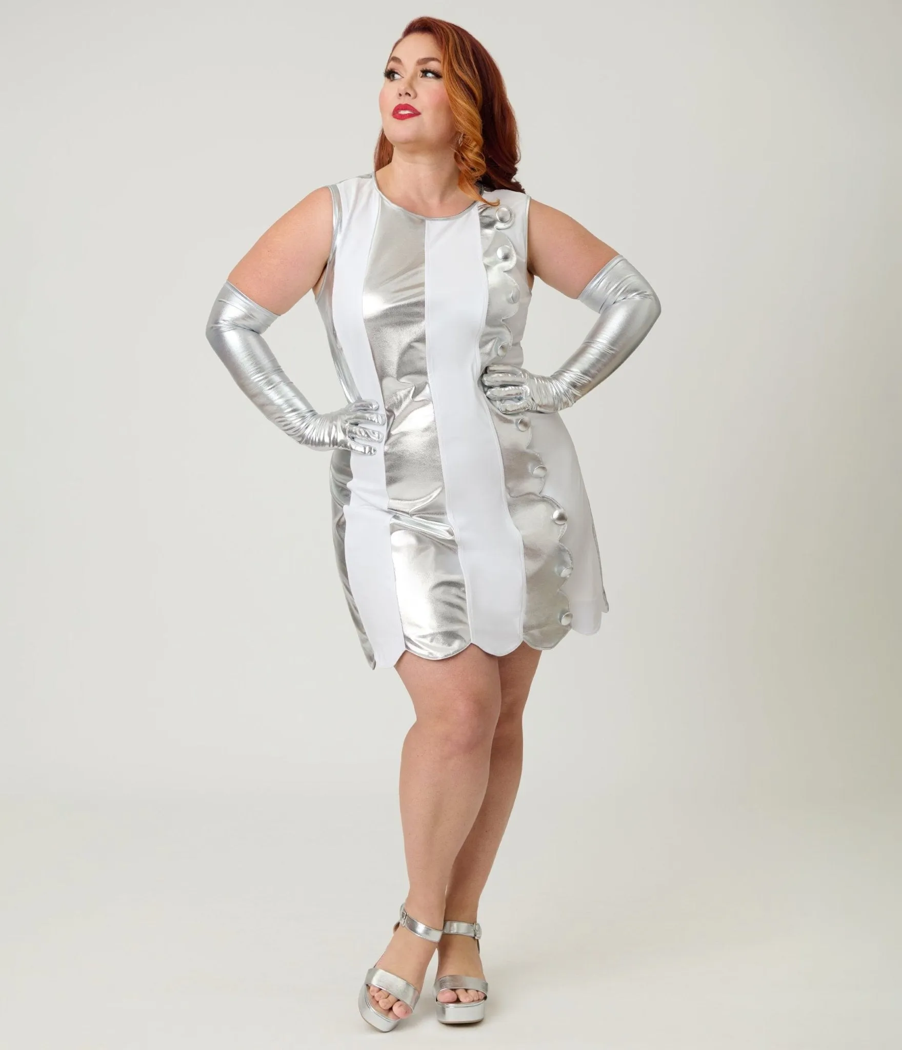 Smak Parlour Plus Size Silver & White Scallop Mini Dress sold by Unique Vintage