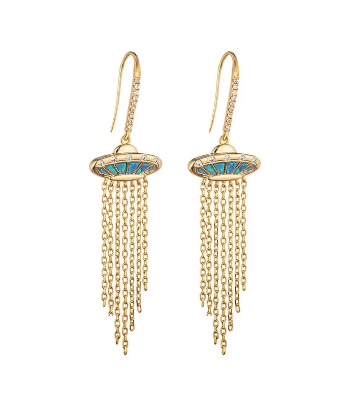 Gold Spaceship Dangle Earrings made by Unique Vintage