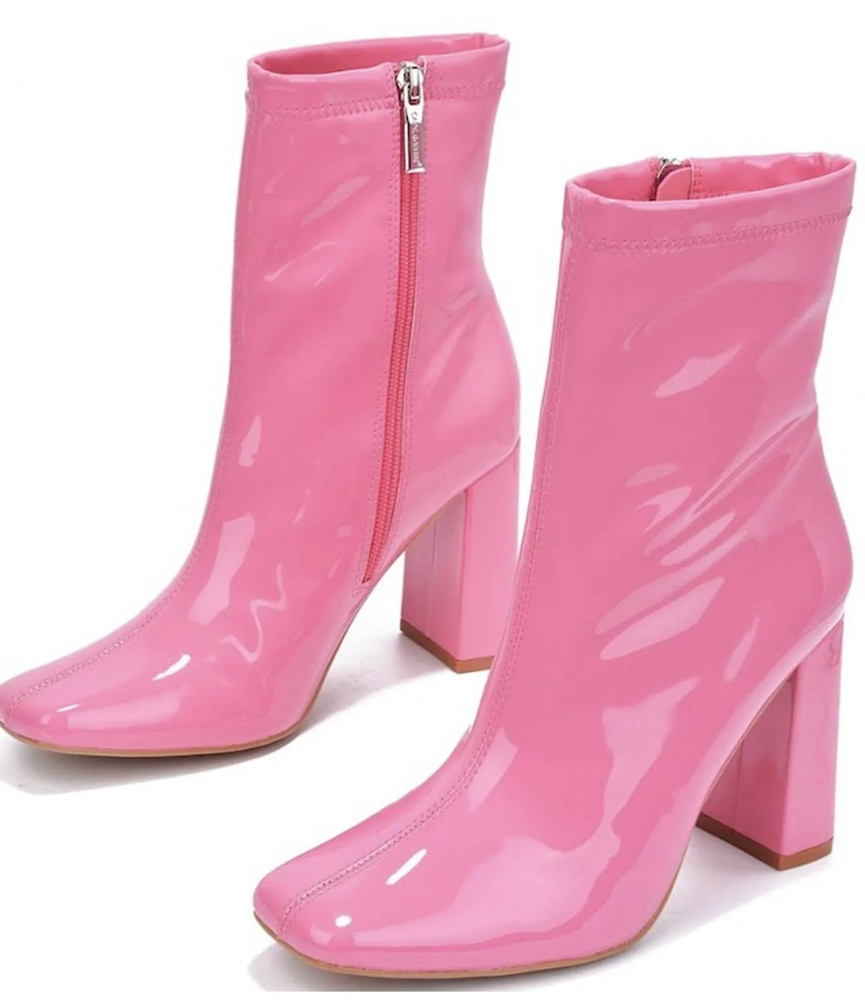 Pink Patent Leatherette Square Toe Belinda Booties sold by Unique Vintage