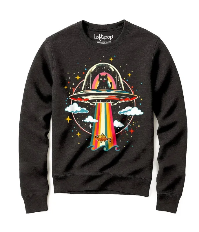 Space Cat UFO Unisex Graphic Sweatshirt made by Unique Vintage