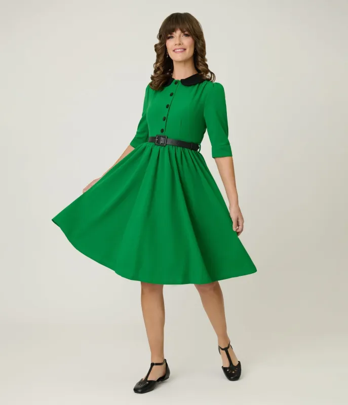 Green & Black Collared Swing Dress made by Unique Vintage