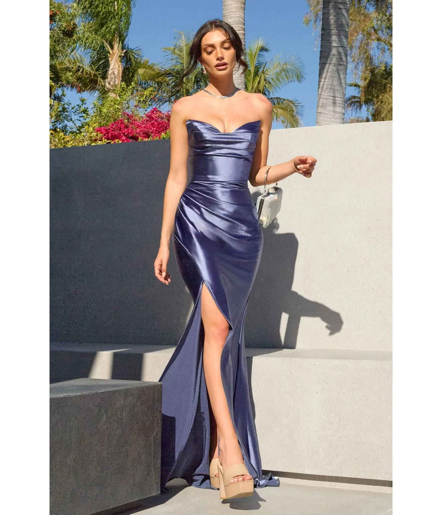 LaDivine by Cinderella Divine Smoky Blue Draped Corset Gown with Lace-Up Back sold by Unique Vintage product image thumbnail 3